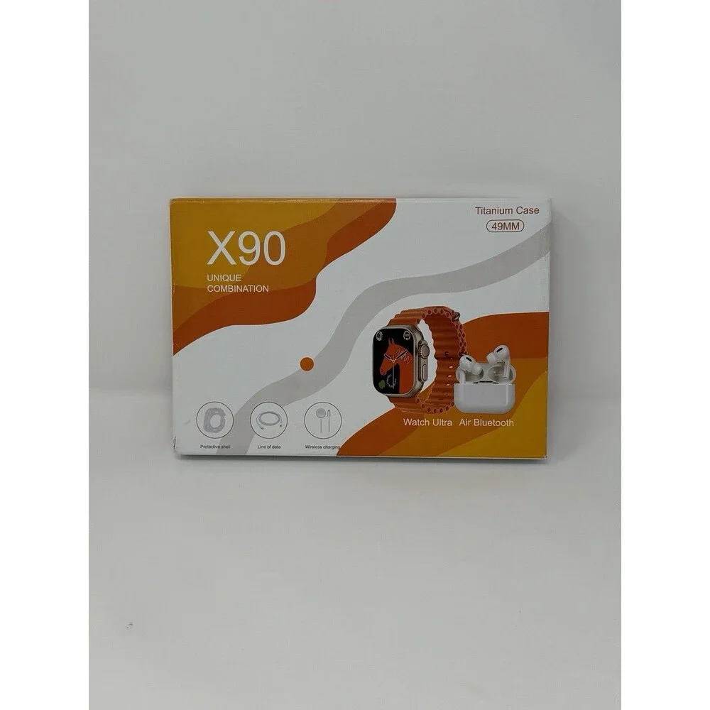 X90 Smart Watch Titanium 49mm w/Orange Band & BT Earbuds- Wireless Charging